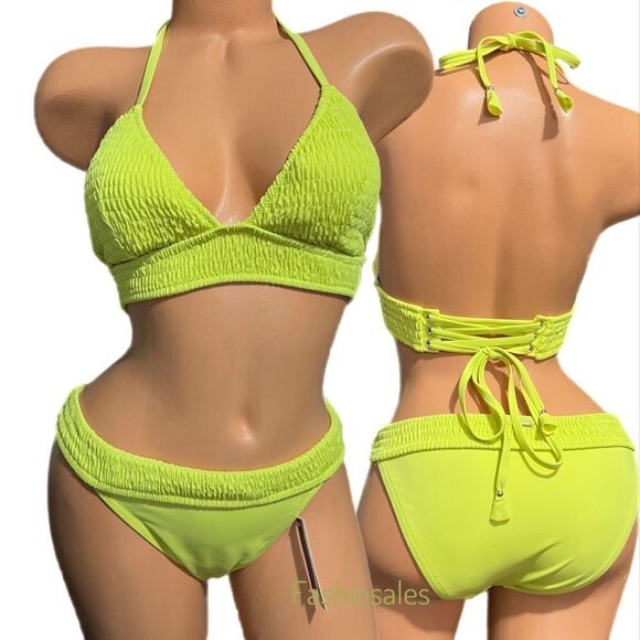Victorias Secret Swim Scrunch Lace-up triangle Bikini top & Bottoms Set Limeade - Picture 1 of 5
